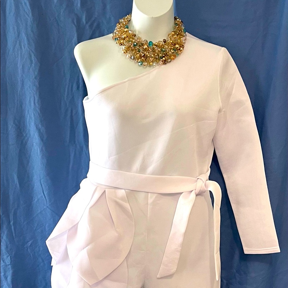 *NWOT* White Off Shoulder Cascade Jumpsuit
